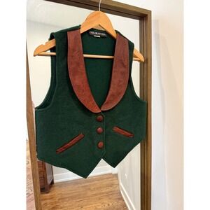Coloratura Vintage Dark Green Wool Mohair Vest Embossed Leather Rodeo Western S